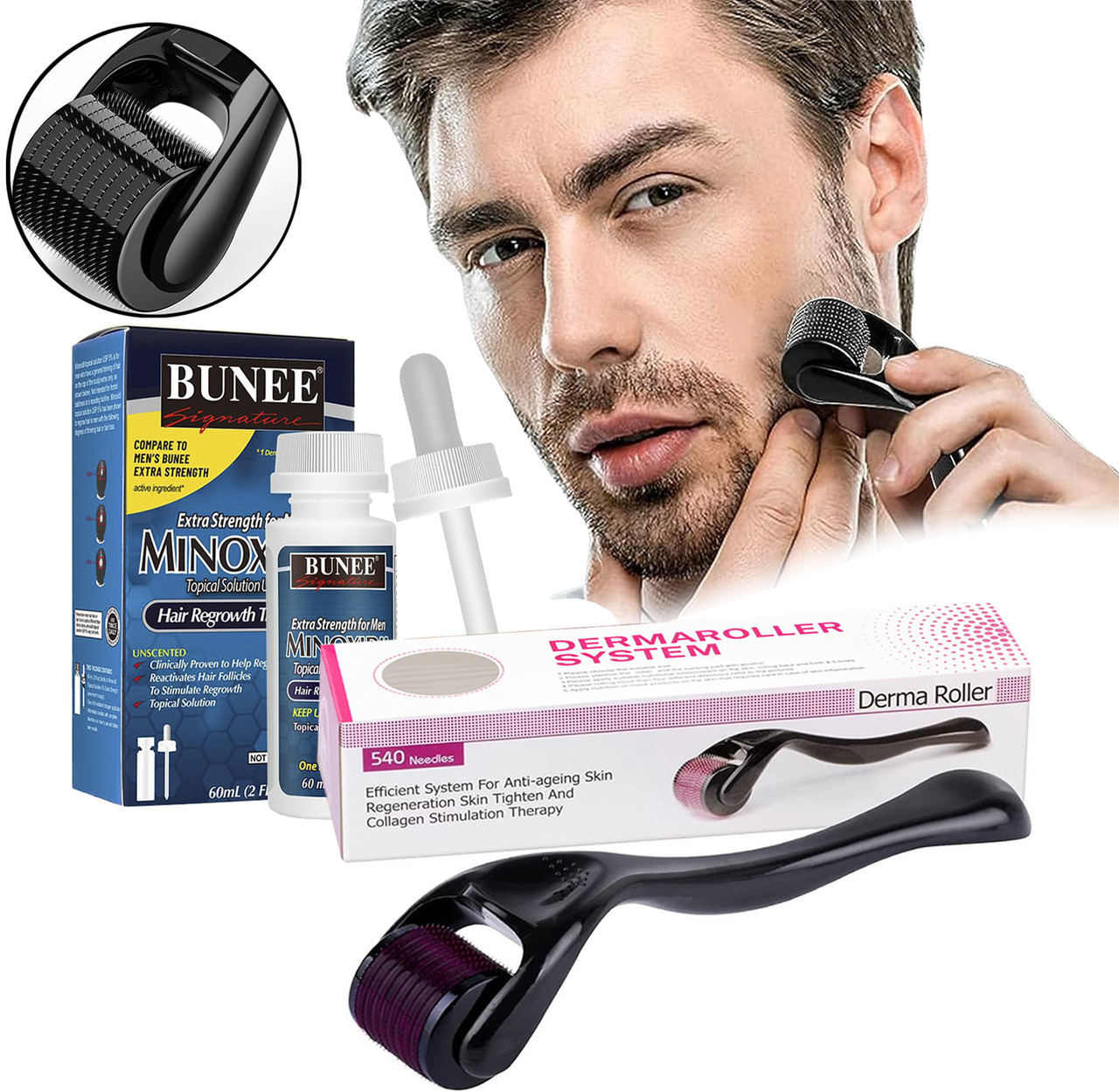 Набір для росту бороди та волосся сироватка BUNEE 5% та дермаролер 540 титанових голок 0.5 мм, фото 1