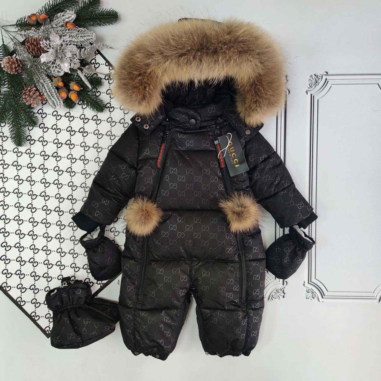 Зимовий цільний комбінезон трансформер для новонароджених, чорний комбінезон Гуччі, фото 1