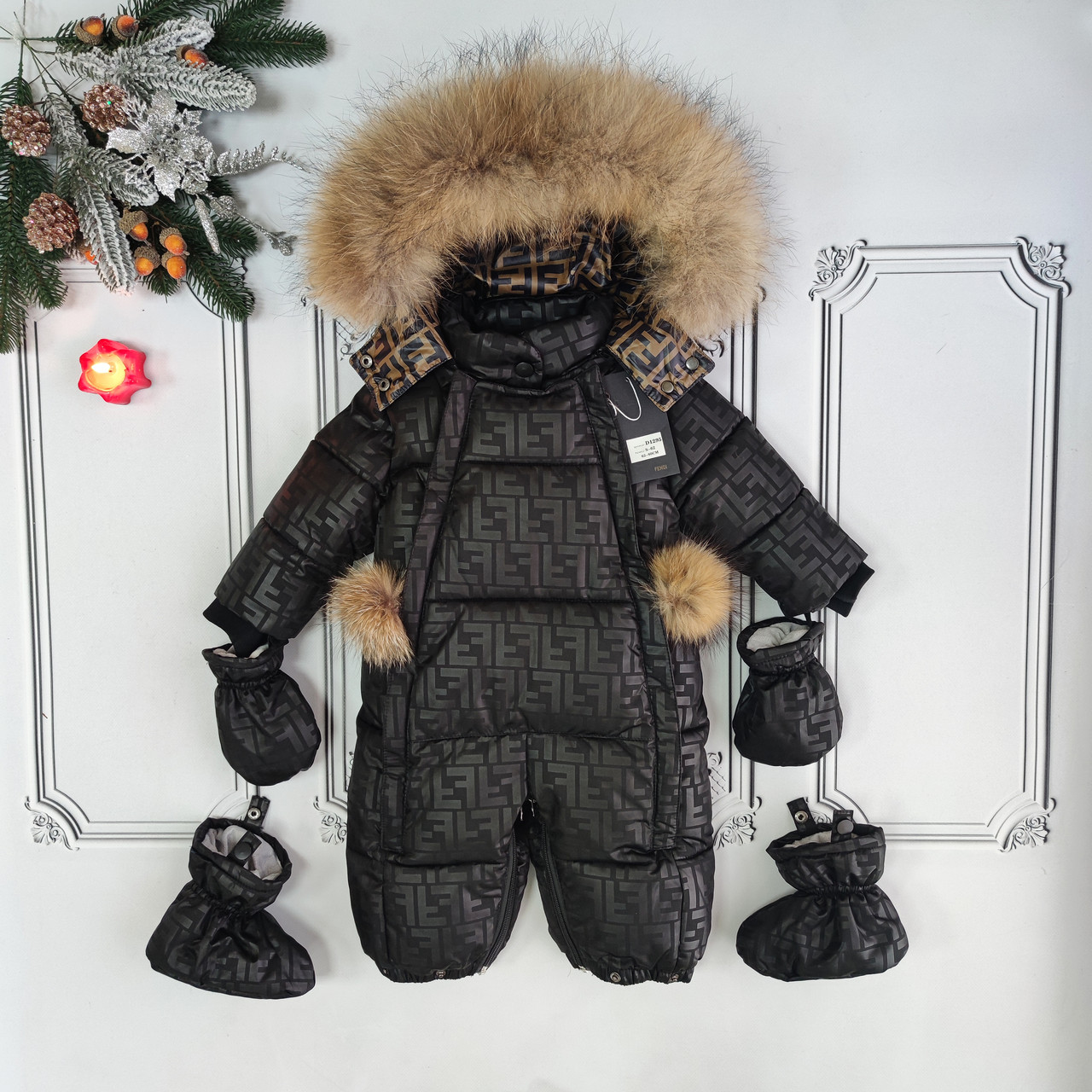 Зимовий суцільний комбінезон трансформер для новонароджених, чорний комбінезон Fendi, фото 1