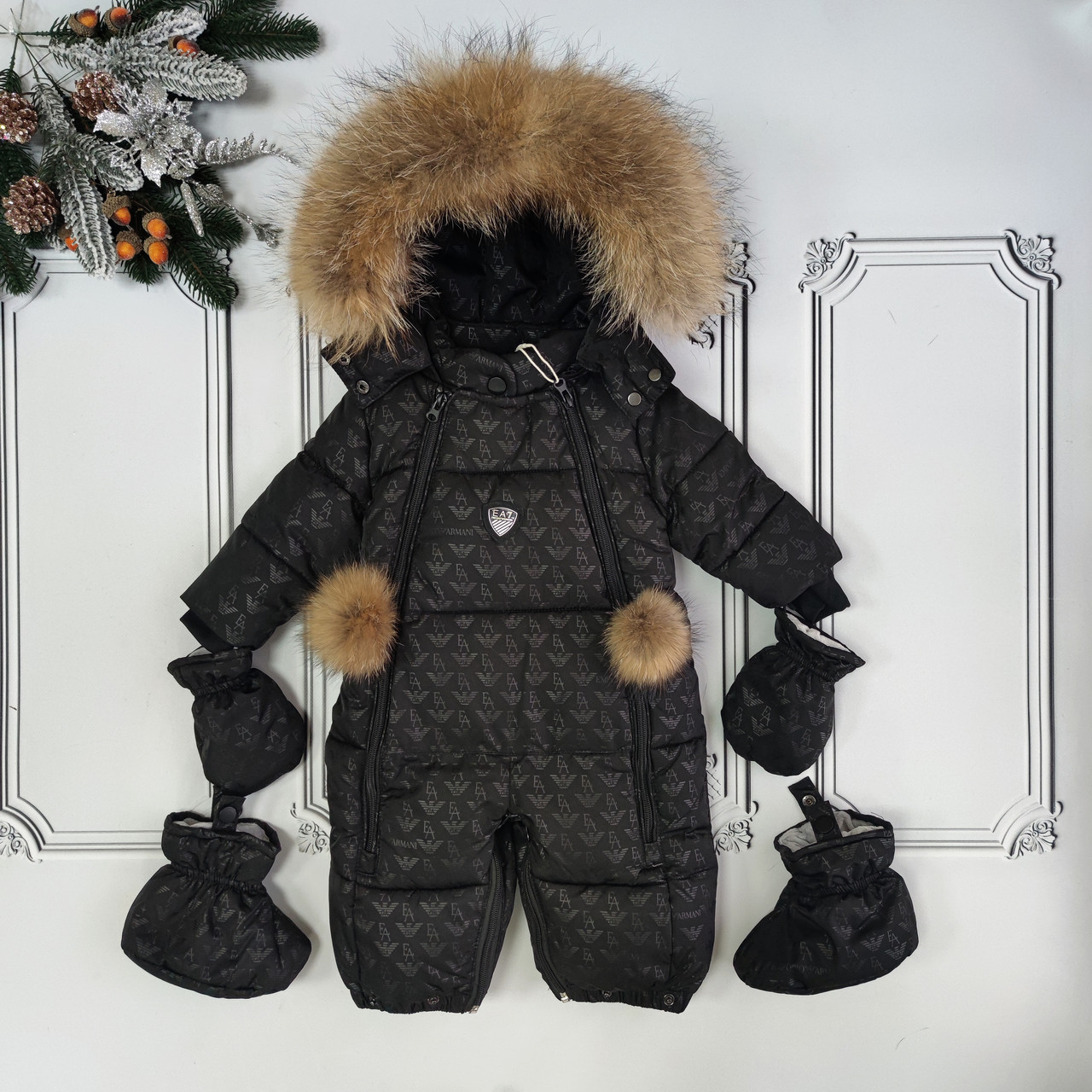 Зимовий чорний суцільний комбінезон Armani для новонароджених, чорний комбінезон трансформер, фото 1