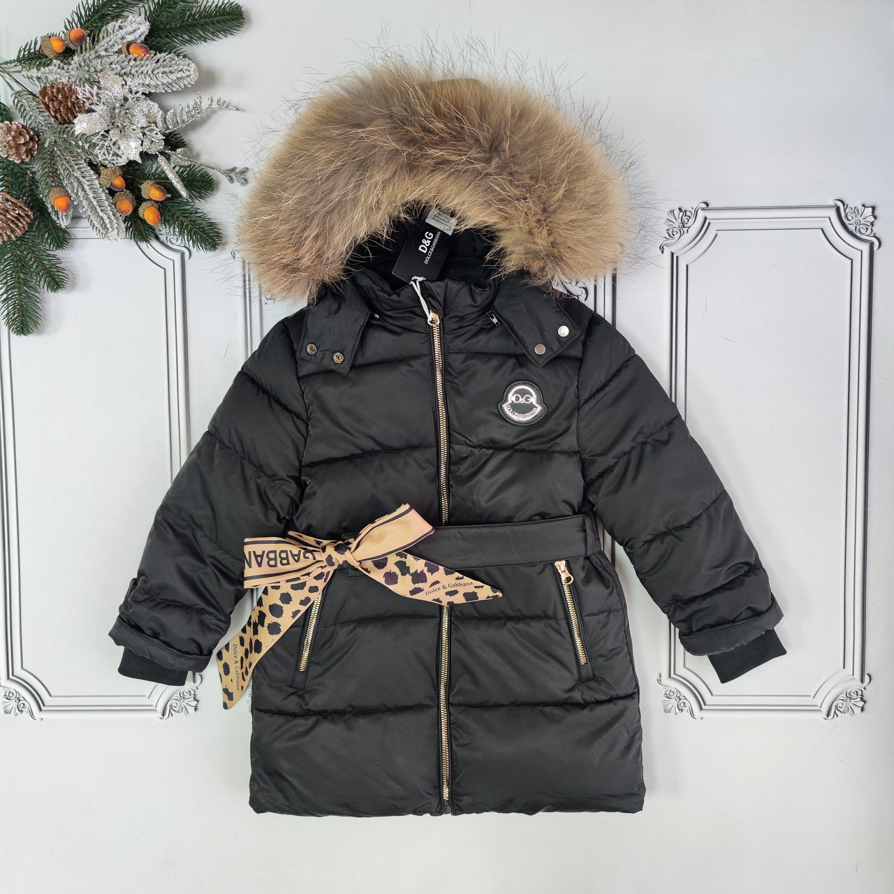 Дитяча зимова подовжена куртка Дольче Г, курточка для дівчинки з капюшоном