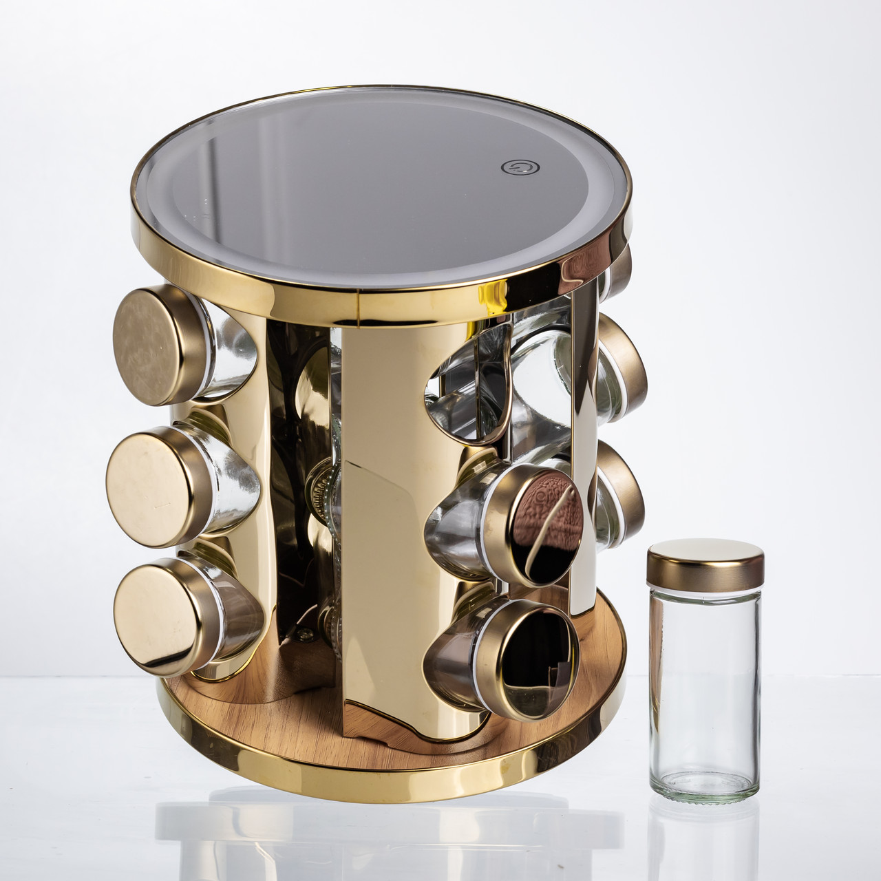 Набір баночок для спецій 12 шт. по 100 мл на підставці з дзеркалом та LED-підсвіткою, фото 1