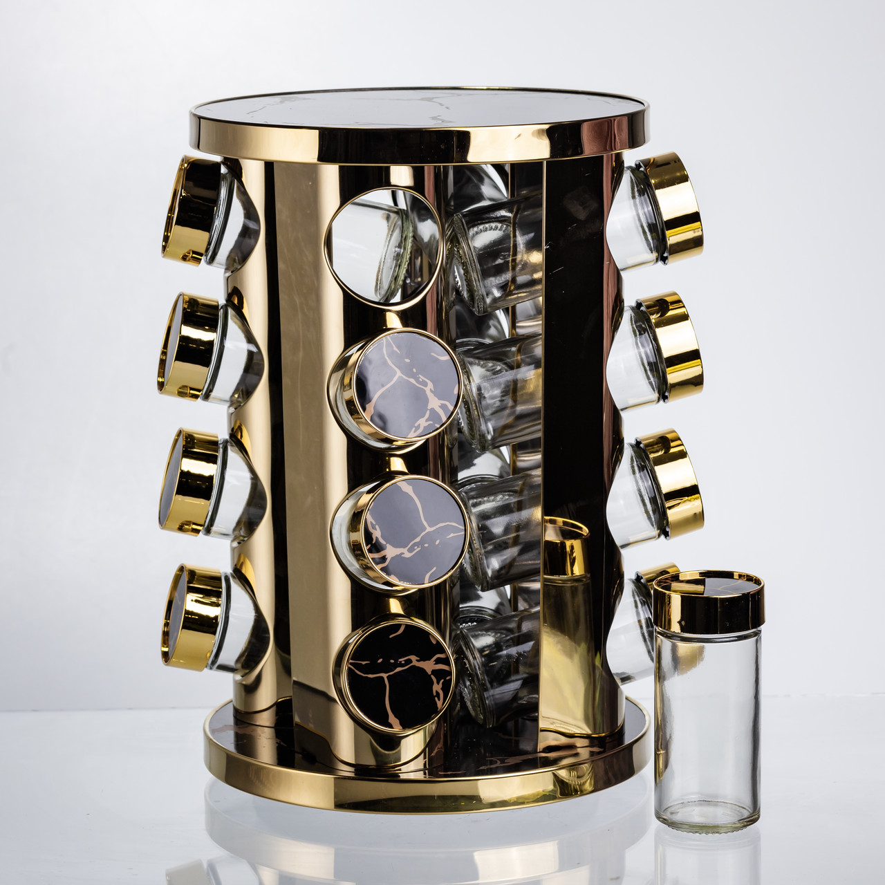 Карусель для спецій 16 баночок по 100 мл чорний мармур, обертова підставка скляні ємності для приправ органайзер, фото 1