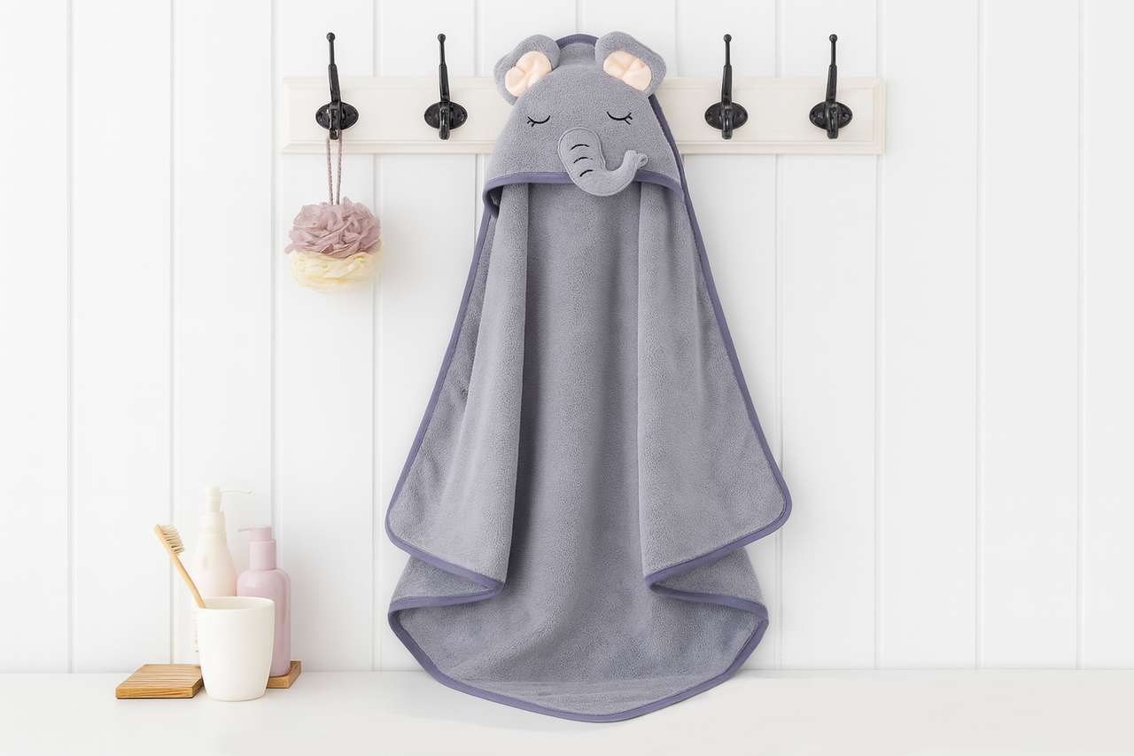 Дитячий рушник-плед з капюшоном "Слоник" мікрофібра 80х80 см Сірий, фото 1