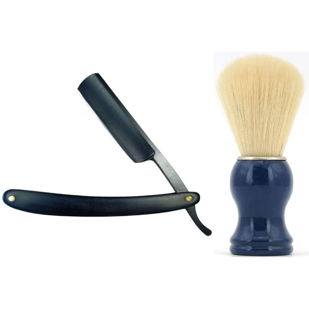 Небезпечна бритва/шавета розкладна Straight Razor + помазок з дерева SHIMA з ворсом борсука синій, фото 1