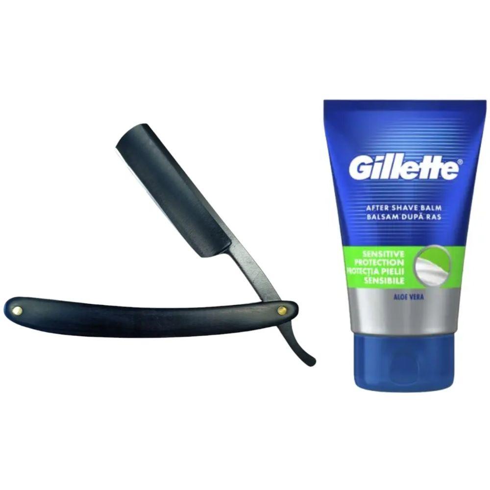 Небезпечна бритва/шавета розкладна Straight Razor + бальзам після гоління Gillette Sensitive Protection, фото 1