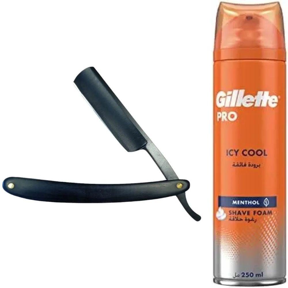 Небезпечна бритва/шавета розкладна Straight Razor + піна для гоління Gillette Pro Icy Cool з ментолом, фото 1