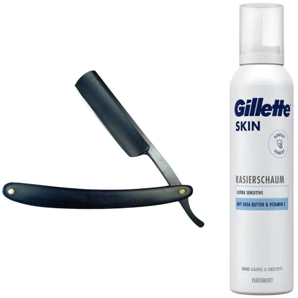 Небезпечна бритва/шавета розкладна Straight Razor + піна для гоління Gillette Skin Ultra Sensitive для надчутливої шкіри, фото 1