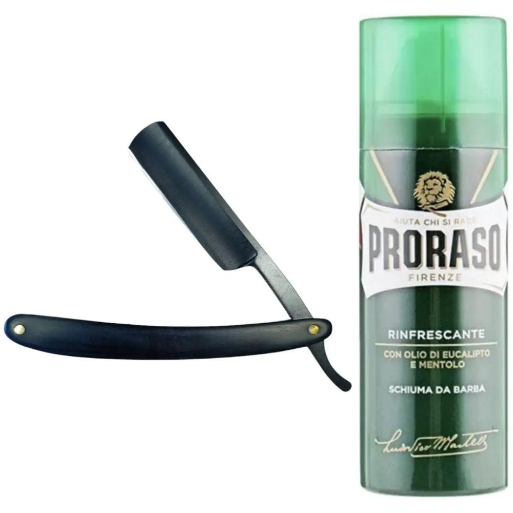 Небезпечна бритва/шавета розкладна Straight Razor + піна для гоління Proraso тонізуюча з евкаліптом і ментолом 100 мл, фото 1