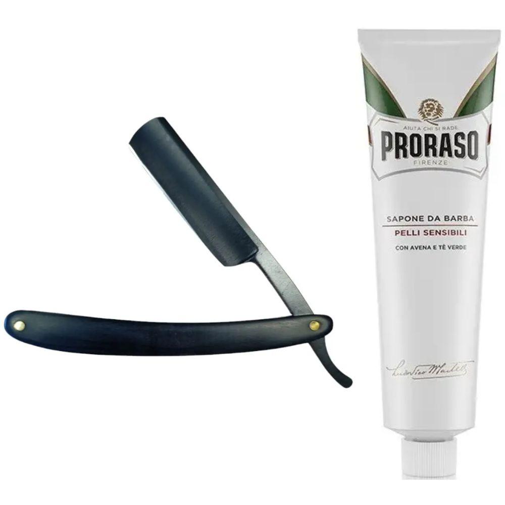 Небезпечна бритва/шавета розкладна Straight Razor + крем для гоління Proraso для чутливої шкіри з екстрактом зеленого чаю, фото 1