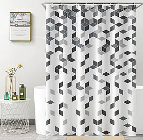 Шторка для ванної та душу 180x180 см водостійка, шторка для ванної кімнати з кільцями і гачками, біла з сірим принтом