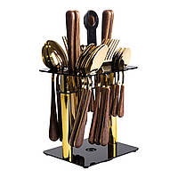 Набір столових приборів на 6 персон з дерев'яними ручками на підставці столові прибори 24 шт Золото HP-20-2