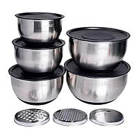 Набір мисок з нержавіючої сталі 5 штук з кришками і терками салатники з нержавійки 5/4/ 2.5/2/1.5 л LG-01/5PCS