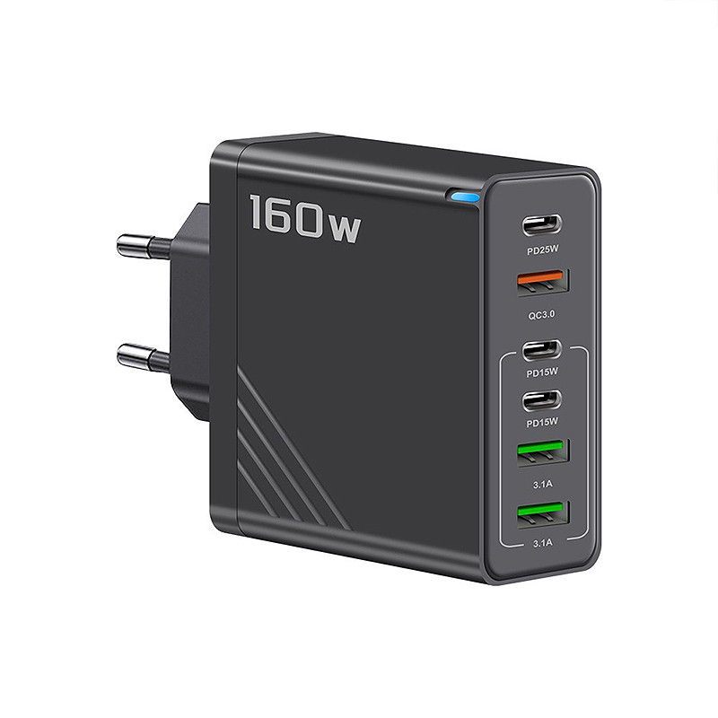 Зарядний пристрій 3 А 3 USB + 3 TYPE-C 160 W для портативної техніки. Чорне