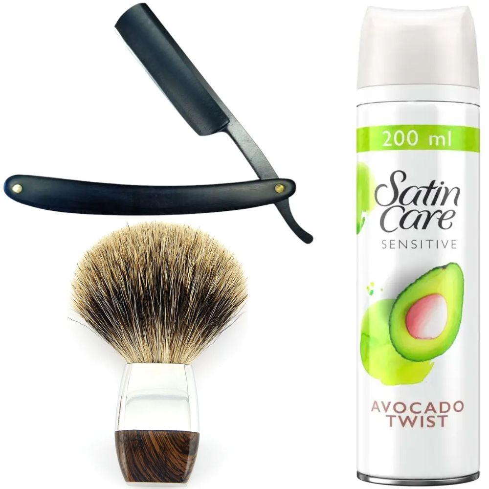 Небезпечна бритва/шавета розкладна Straight Razor + помазок борсук + гель для гоління Gillette Satin Care Gel Avocado 200 мл, фото 1
