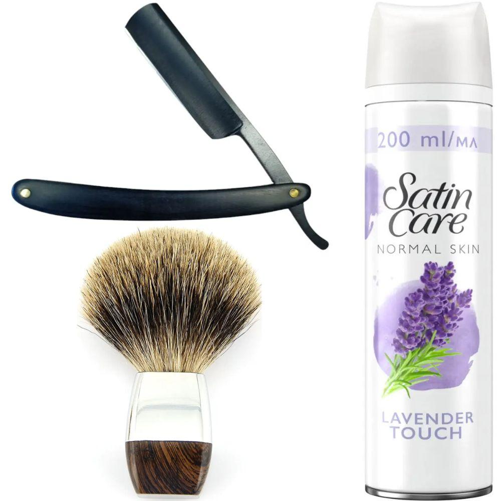 Небезпечна бритва/шавета розкладна Straight Razor + помазок борсук + гель для гоління Gillette Satin Care Gel Lavender 200 мл, фото 1
