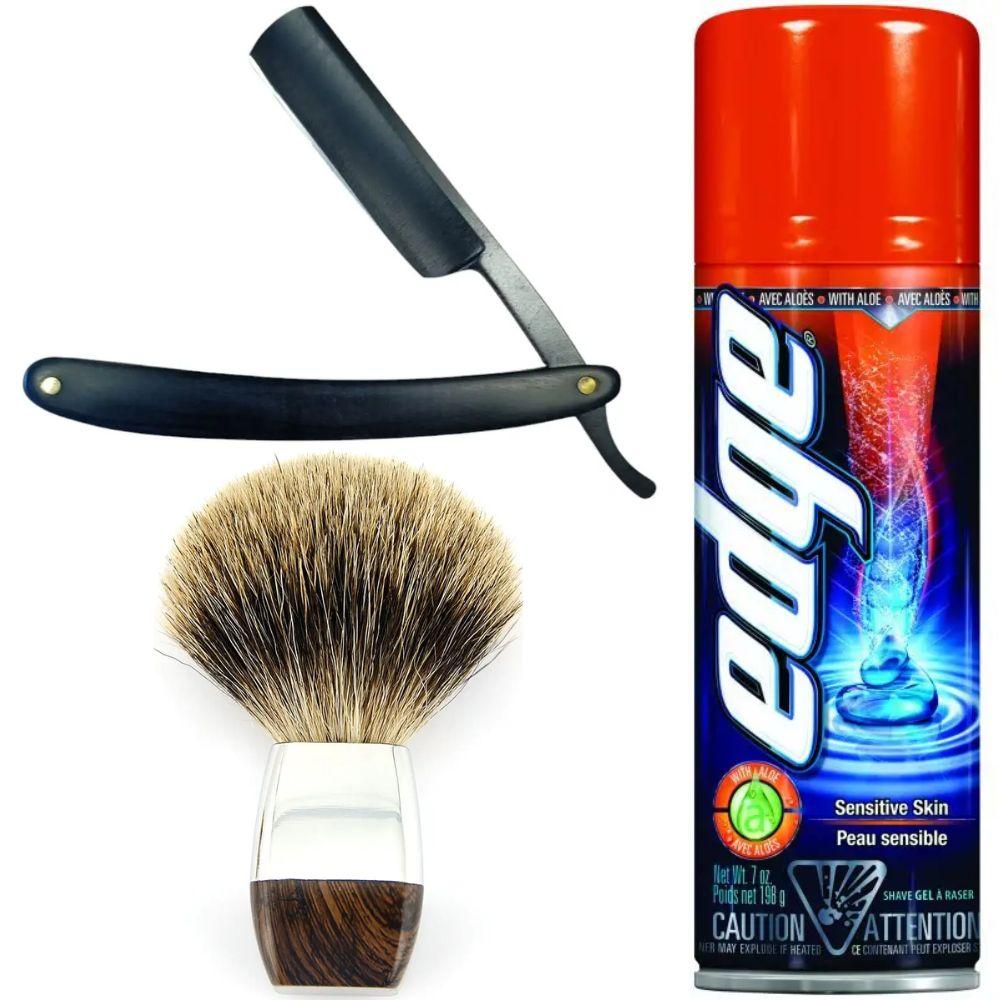 Небезпечна бритва/шавета розкладна Straight Razor + помазок борсук + гель для гоління Wilkinson Sword EDGE Sensitive, фото 1