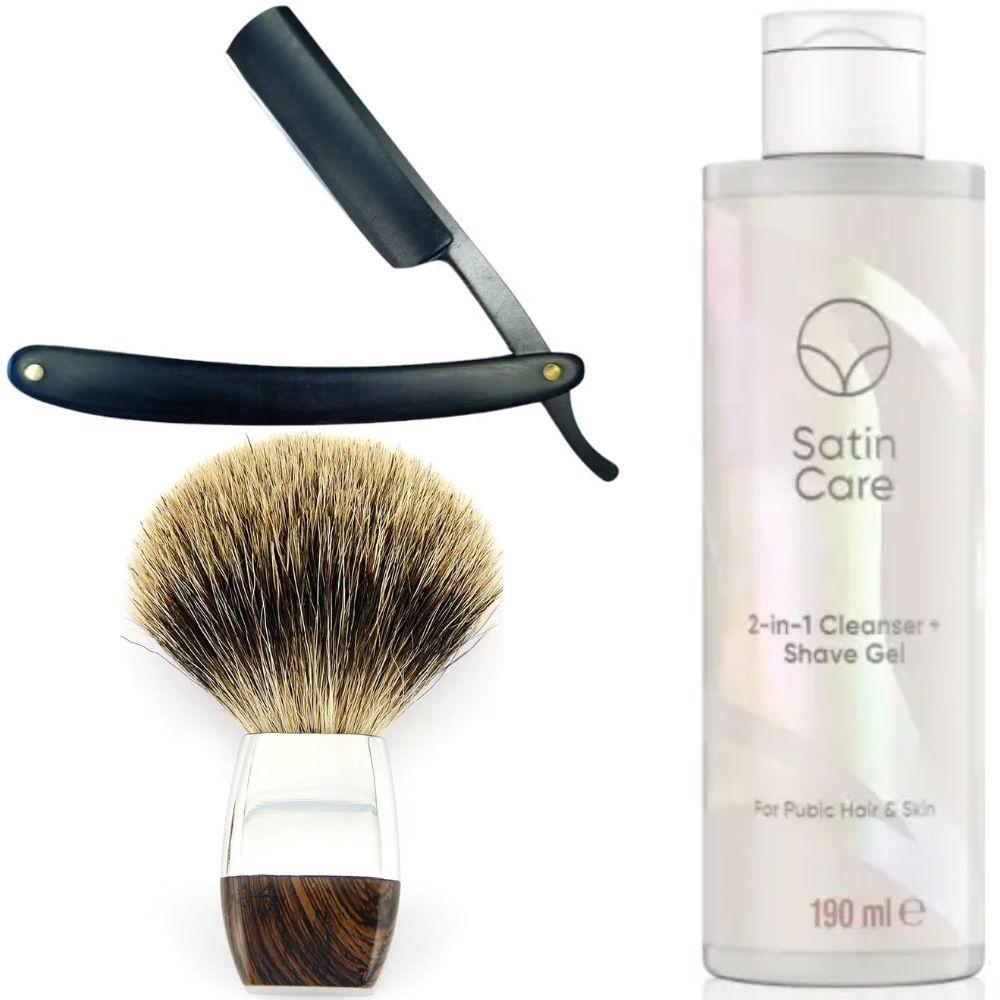 Небезпечна бритва/шавета розкладна Straight Razor + помазок борсук + гель для гоління Gillette Venus Venus Satin Care 2 в 1, фото 1