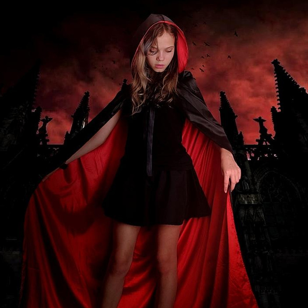 Двостороння накидка з капюшоном карнавальний плащ для Хеллоуїна стильний чорний червоний балахон, фото 1