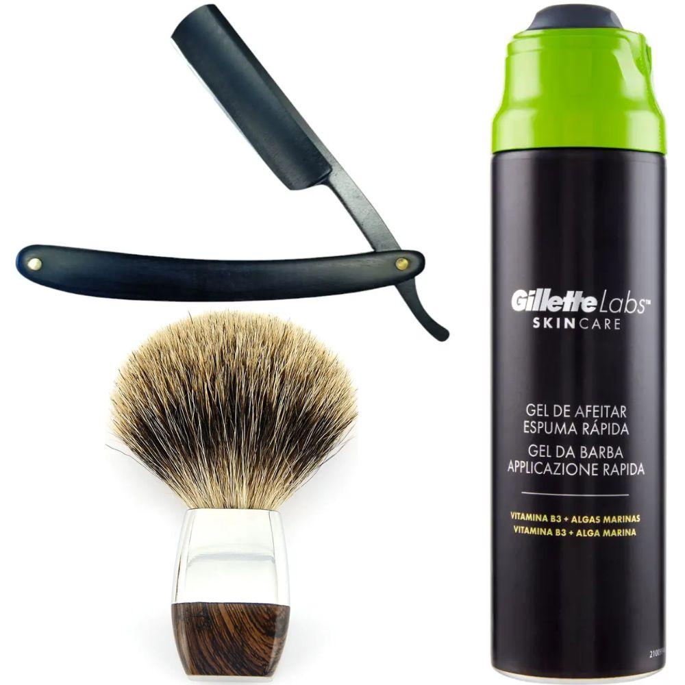 Небезпечна бритва/шавета розкладна Straight Razor + помазок борсук + гель для гоління Gillette Labs Gel 198 мл, фото 1