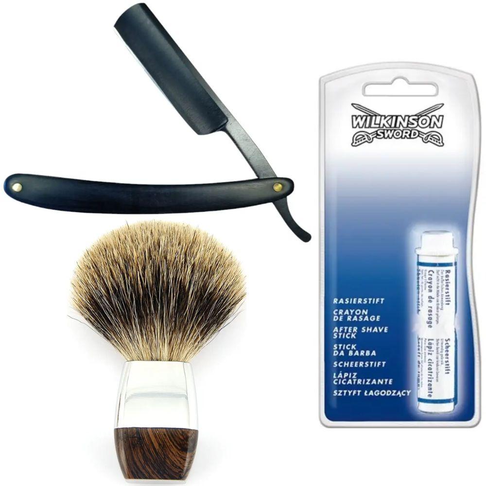 Небезпечна бритва/шавета розкладна Straight Razor + помазок борсук + кровоспинний олівець Wilkinson Sword After Shave Stick, фото 1