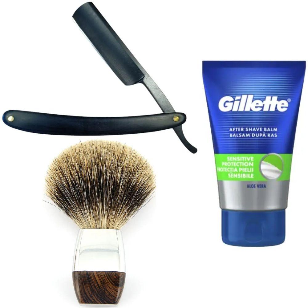 Небезпечна бритва/шавета розкладна Straight Razor + помазок борсук + бальзам після гоління Gillette Sensitive Protection, фото 1