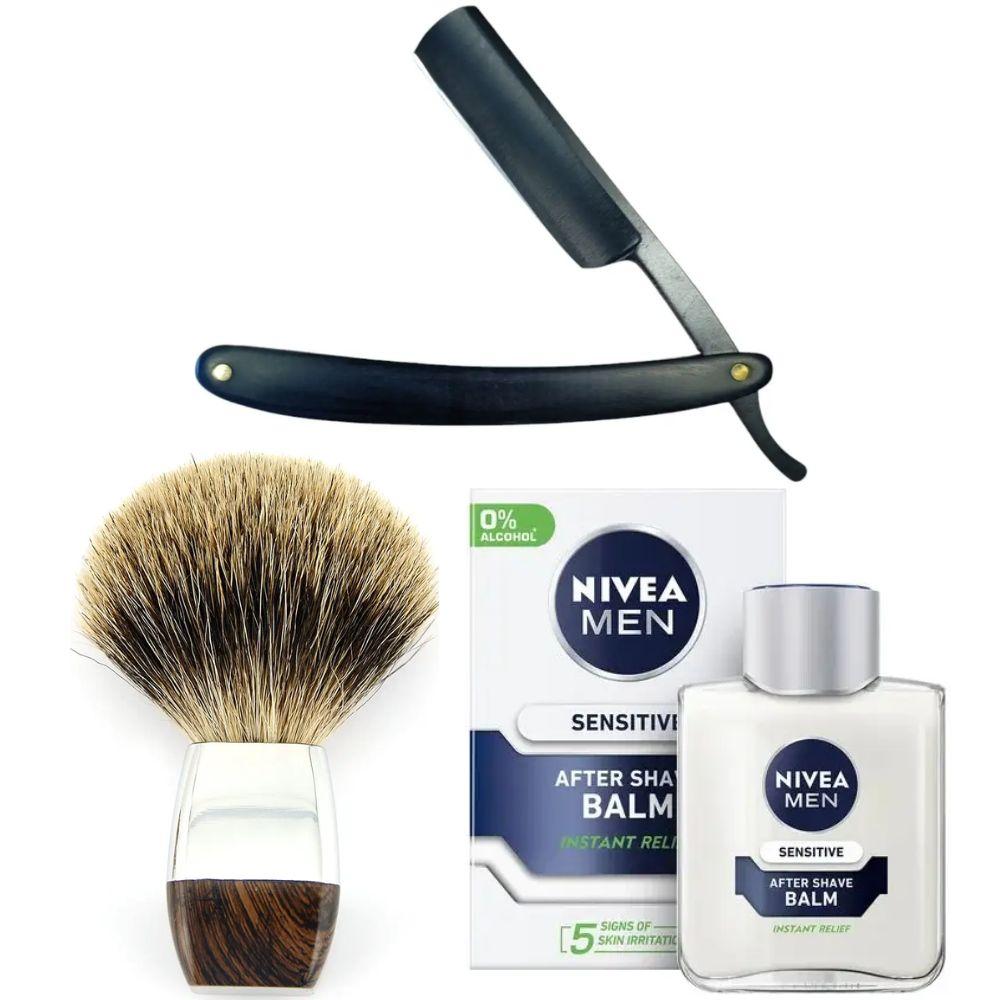 Небезпечна бритва/шавета розкладна Straight Razor + помазок борсук + бальзам після гоління Nivea Men Sensitivе 100 мл, фото 1