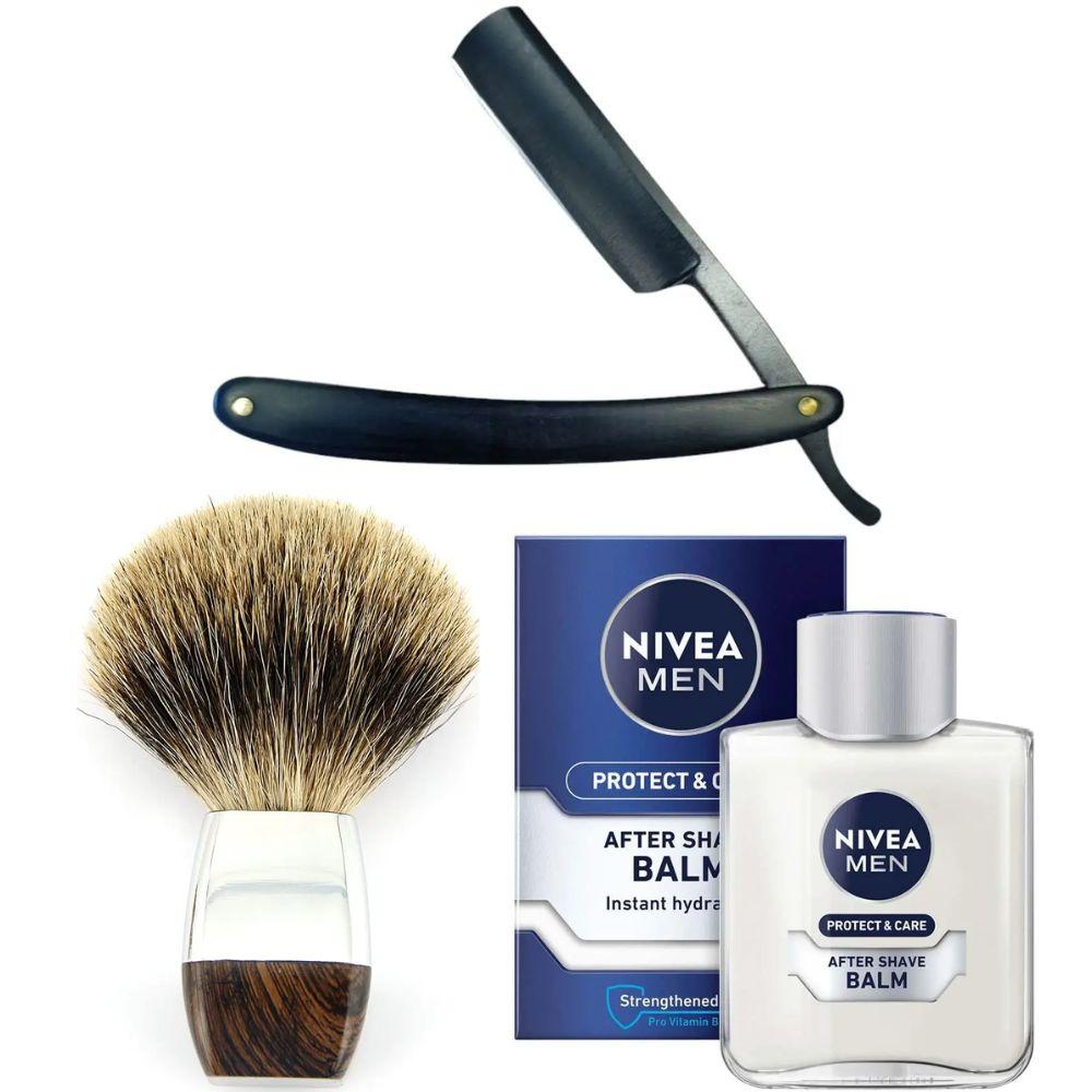 Небезпечна бритва/шавета розкладна Straight Razor + помазок борсук + бальзам після гоління Nivea Men Protect & Care 100 мл, фото 1