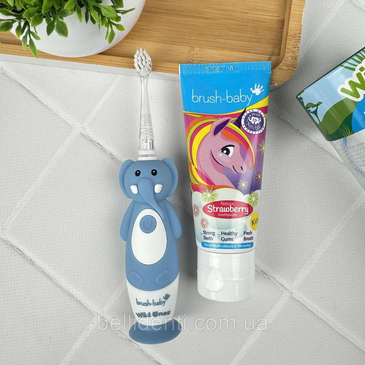Набір від 3 до 10 років (щітка Brush Baby WildOnes Sonic, слоник і паста Brush-Baby 50 мл, єдиноріжка), фото 1