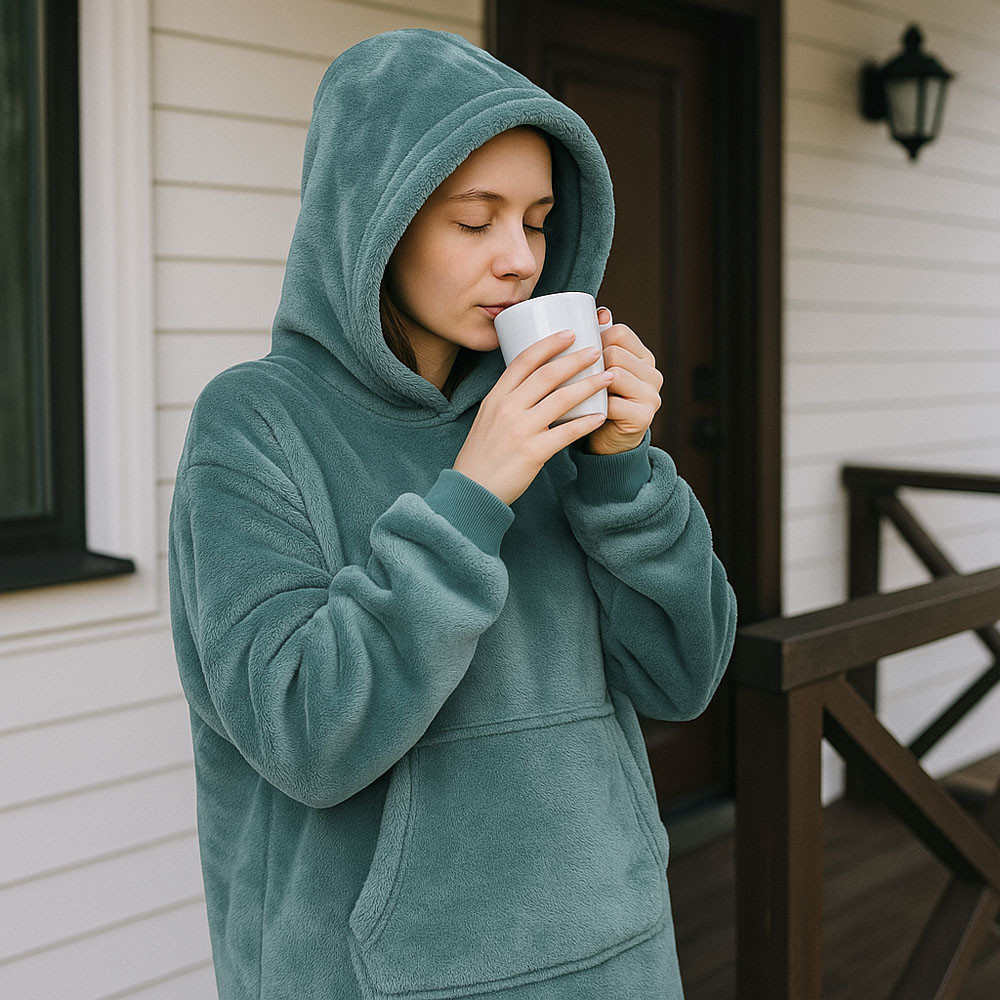 Оверсайз плед-халат Huggle Hoodie з капюшоном для дому теплий затишний та м'який 100х80 см зелений, фото 1