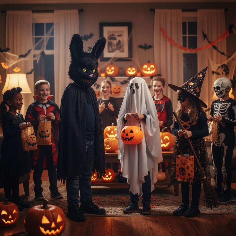 Маска страшний заєць плюшева для Хеллоуїна косплея вечірки багаторазова чорна, фото 1