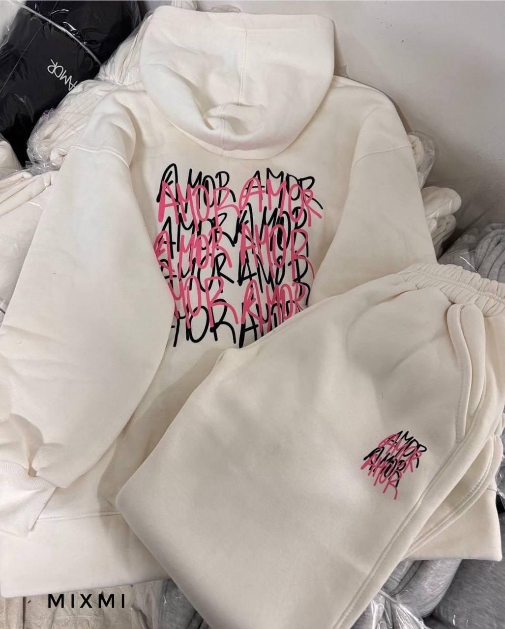 Костюм жіночий двійка з трьохнитки на флісі Модель: 863/864-7563 Колір: Білий, хакі, сірий, чорний, фото 1