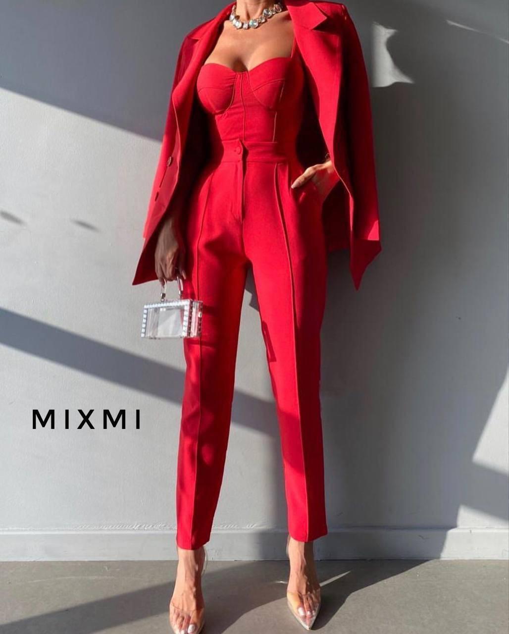 Костюм жіночий 3-ка з костюмки люкс Модель: 863/864-9115 Колір: Червоний, ізумруд, чорний, джинс, фото 1