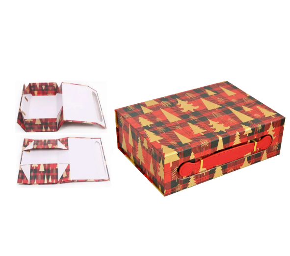 Новорічна складна коробка Ялинки на червоному, 28,2 х 20,2 х 9,2 см, фото 1