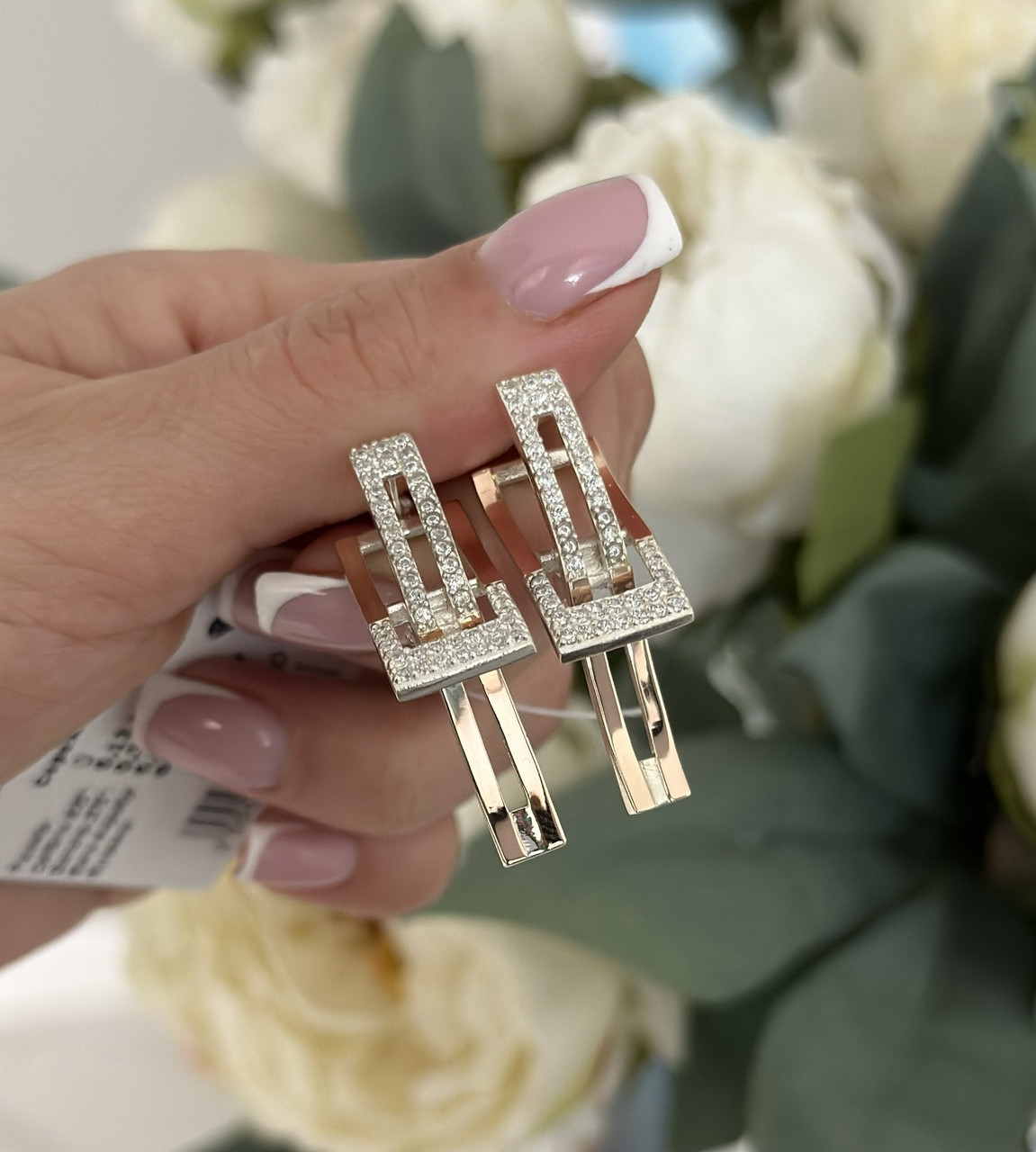 Геометричні сережки з білими цирконами і золотом "Едіт" - срібло 925, золото 375 проби, фото 1