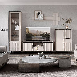 Стінка у вітальню з рифленими фасадами Фреско кашемір та темний мармур у стилі мінімалізм