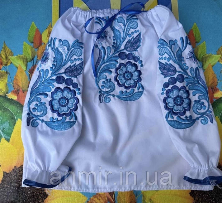 Блузка-вишиванка дитяча КВІТИ поплін для дівчинки 2-6 років, білого кольору