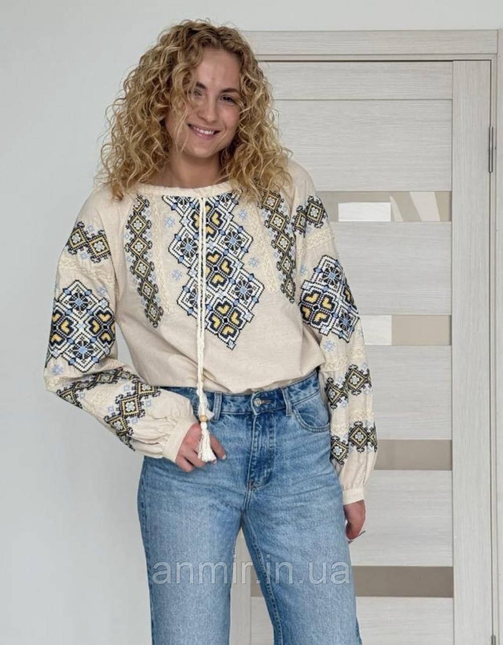 Блузка-вишиванка жіноча рукав на манжеті льон норма 42-46, бежевого кольору