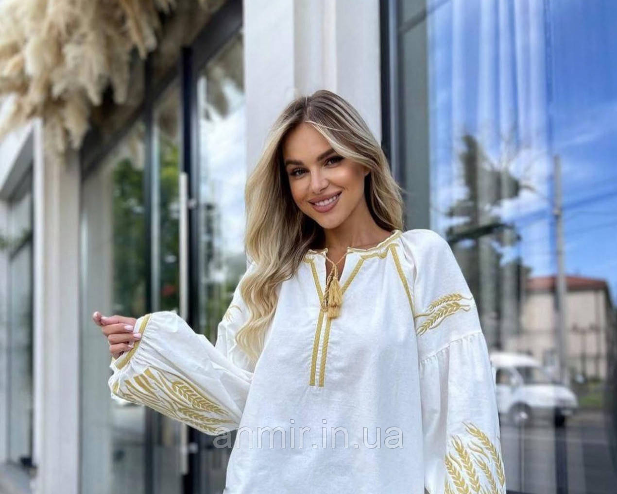 Блузка-вишиванка жіноча КОЛОСОК льон норма 42-46, білого кольору