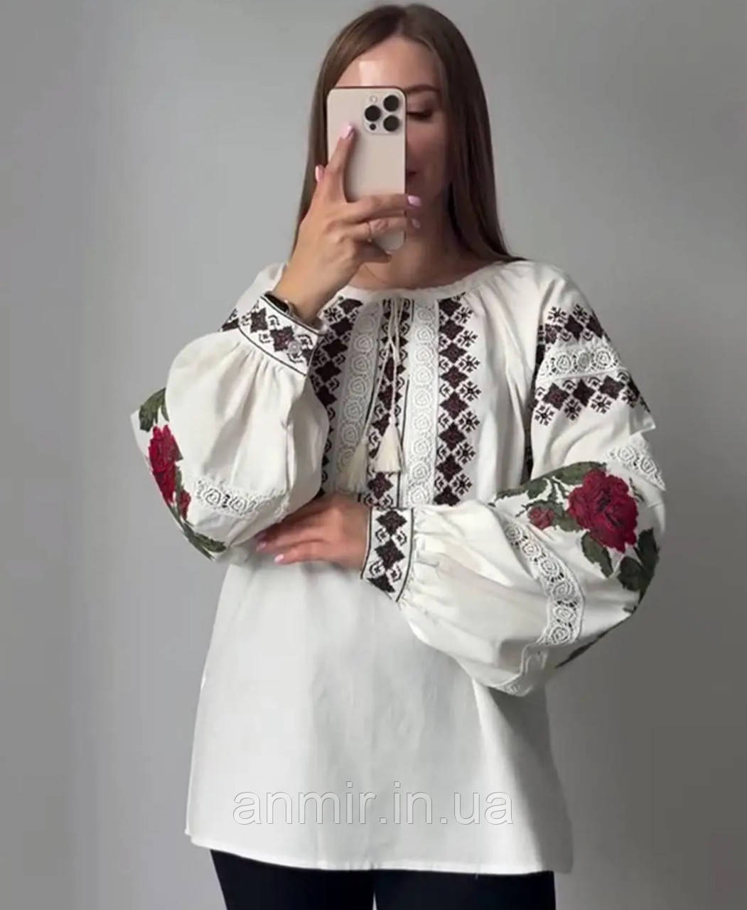 Блузка-вишиванка жіноча РОЗИ рукав на манжеті льон норма 42-46, білого кольору