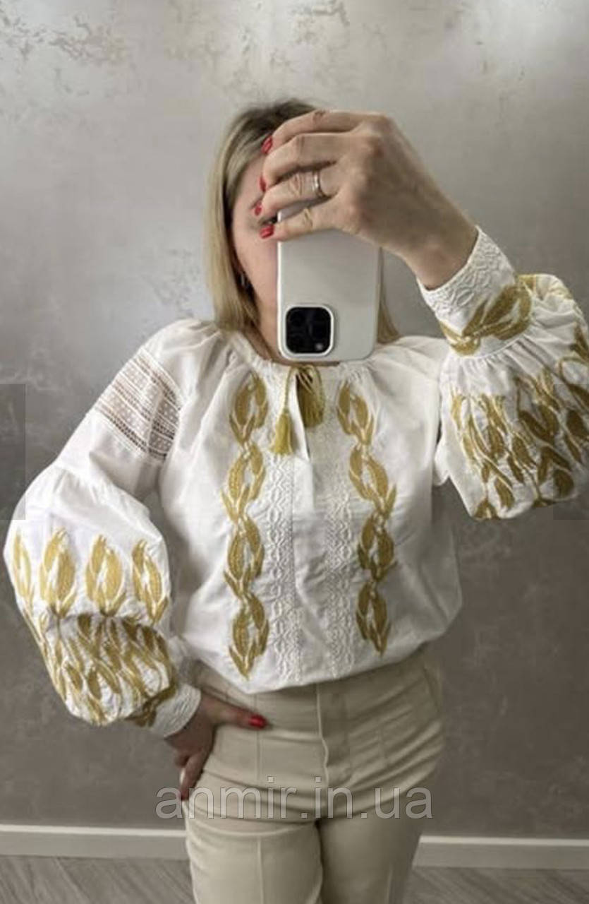 Блузка-вишиванка жіноча із широким манжетам КОЛОСОК льон норма 42-46, білого кольору