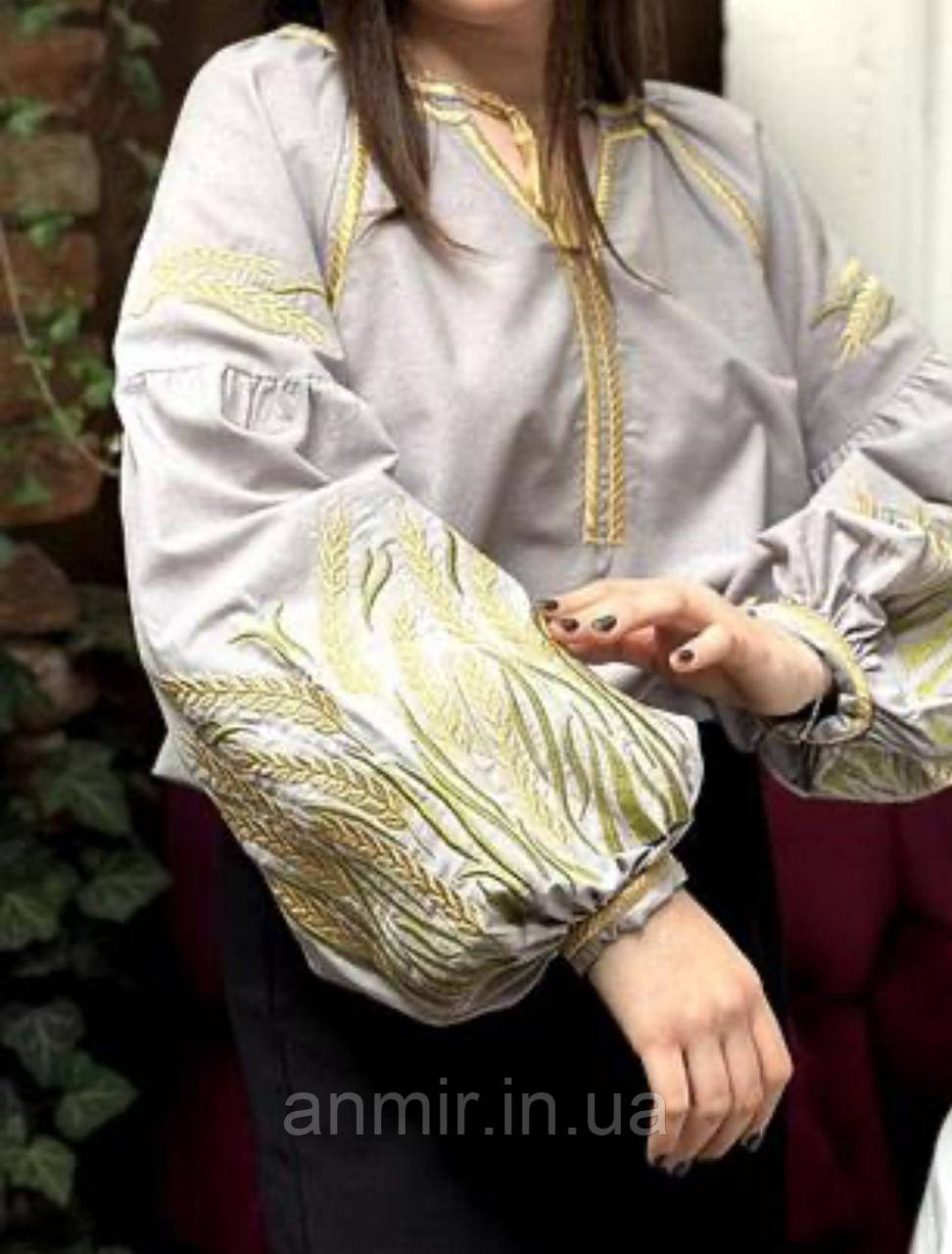 Блузка-вишиванка жіноча КОЛОСОК льон норма 42-46, сірого кольору