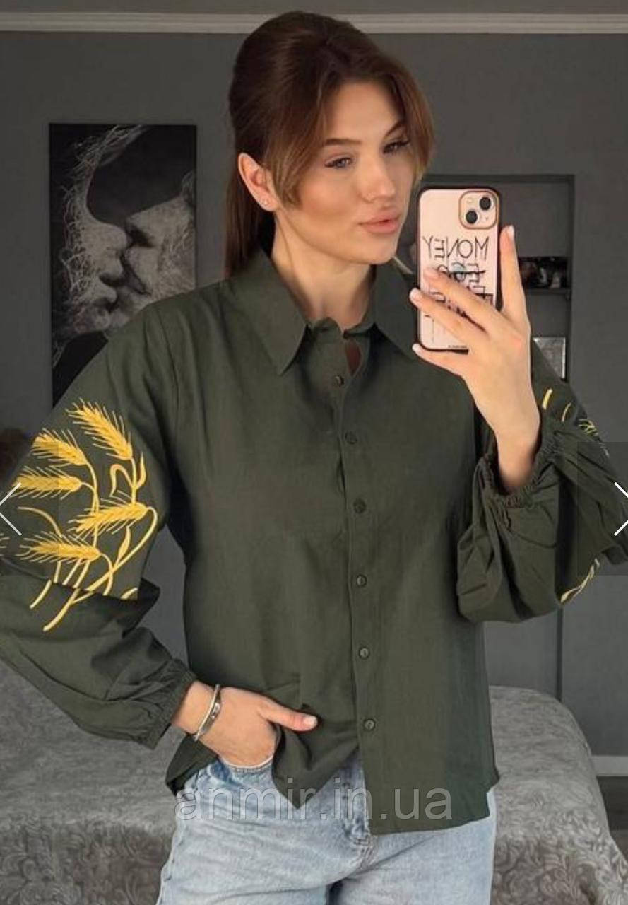 Сорочка-вишиванка жіноча КОЛОСОК льон норма 42-46, колір хакі