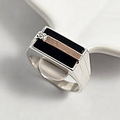 Перстень чоловічий срібло з золотом і чорним каменем альпінітом і цирконом