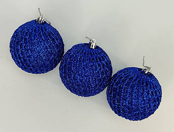 Ялинкові кулі «Сітка» золоті з глітером 8 см | набір 6 шт. | новорічні прикраси | іграшки для ялинки | 8 варіантів кольору Синій