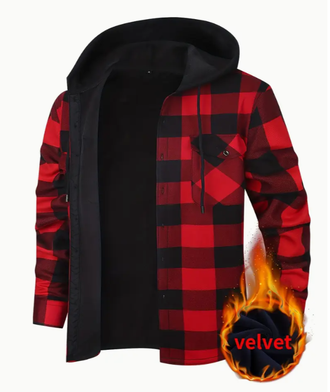 ​​​​​​​Чоловіча сорочка на флісі з капюшоном у клітинку червоний XL