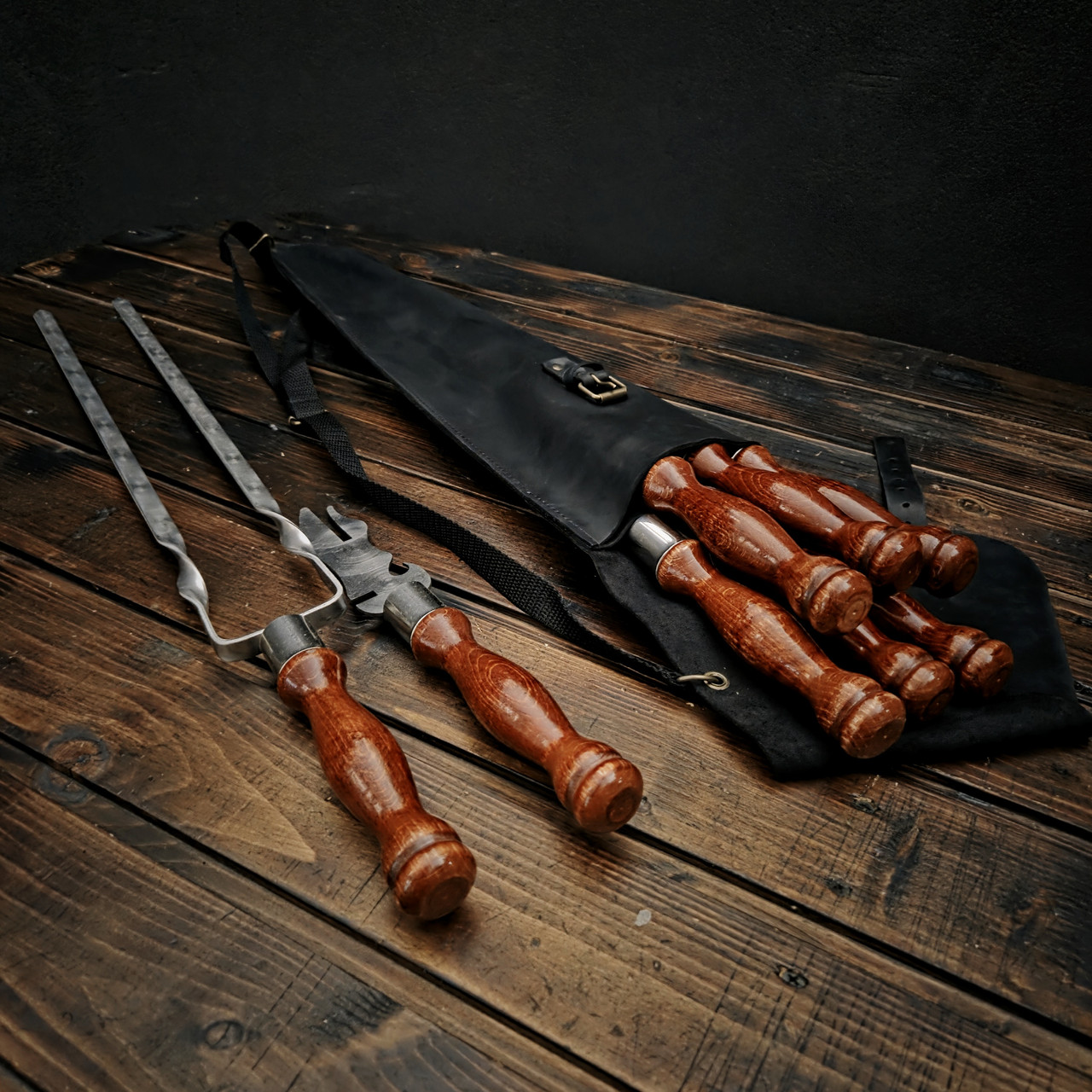 Набір шампурів у шкіряному чохлі "Кажан-2 Cherry", фото 1