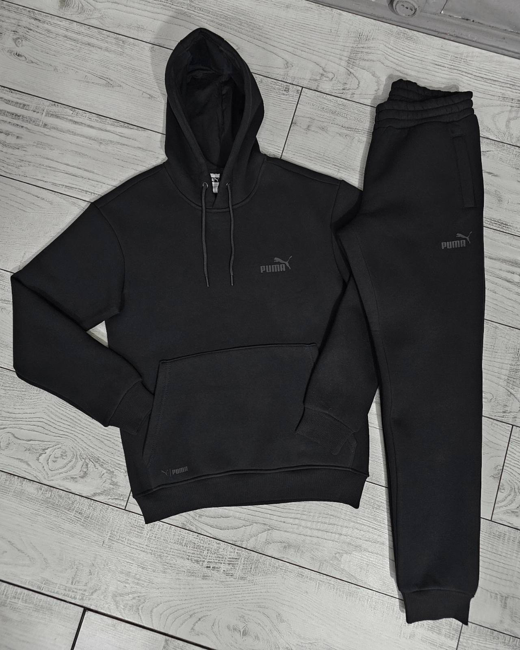 Теплий чоловічий спортивний костюм Puma чорний із худі без змійки, зимовий утеплений костюм Пума з капюшоном