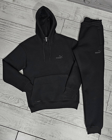 Теплий чоловічий спортивний костюм Puma чорний із худі без змійки, зимовий утеплений костюм Пума з капюшоном, фото 1