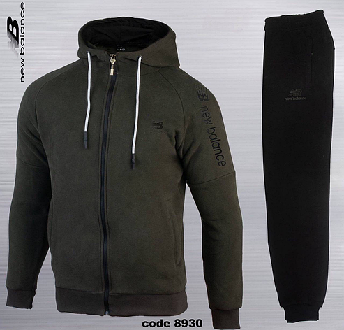 Теплий чоловічий спортивний костюм New Balance хакі фліс велюр, зимовий утеплений спорт костюм із капюшоном, фото 1